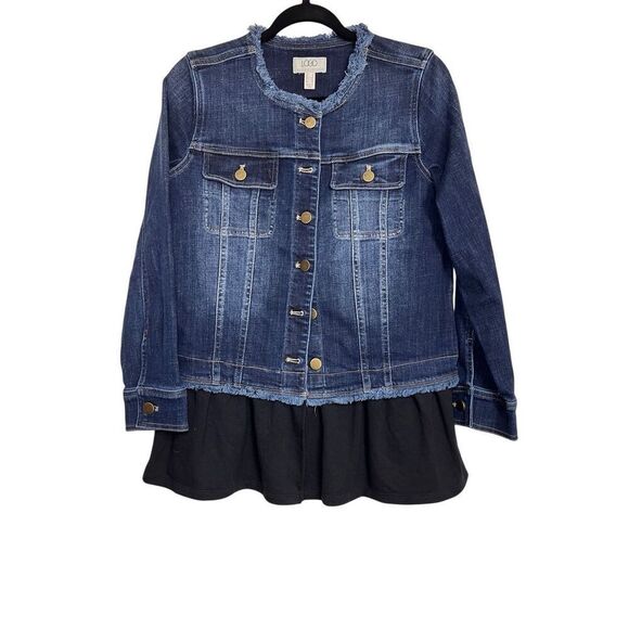 LOGO by Lori Goldstein Jacket Womens Sz 4 Navy Blue Denim Layered Button Front - Picture 1 of 8